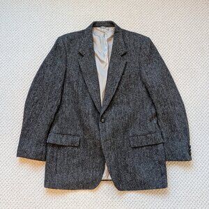 Harris Tweed Blazer Sport Coat Jacket Wool 44L Leather Knot Buttons Grey